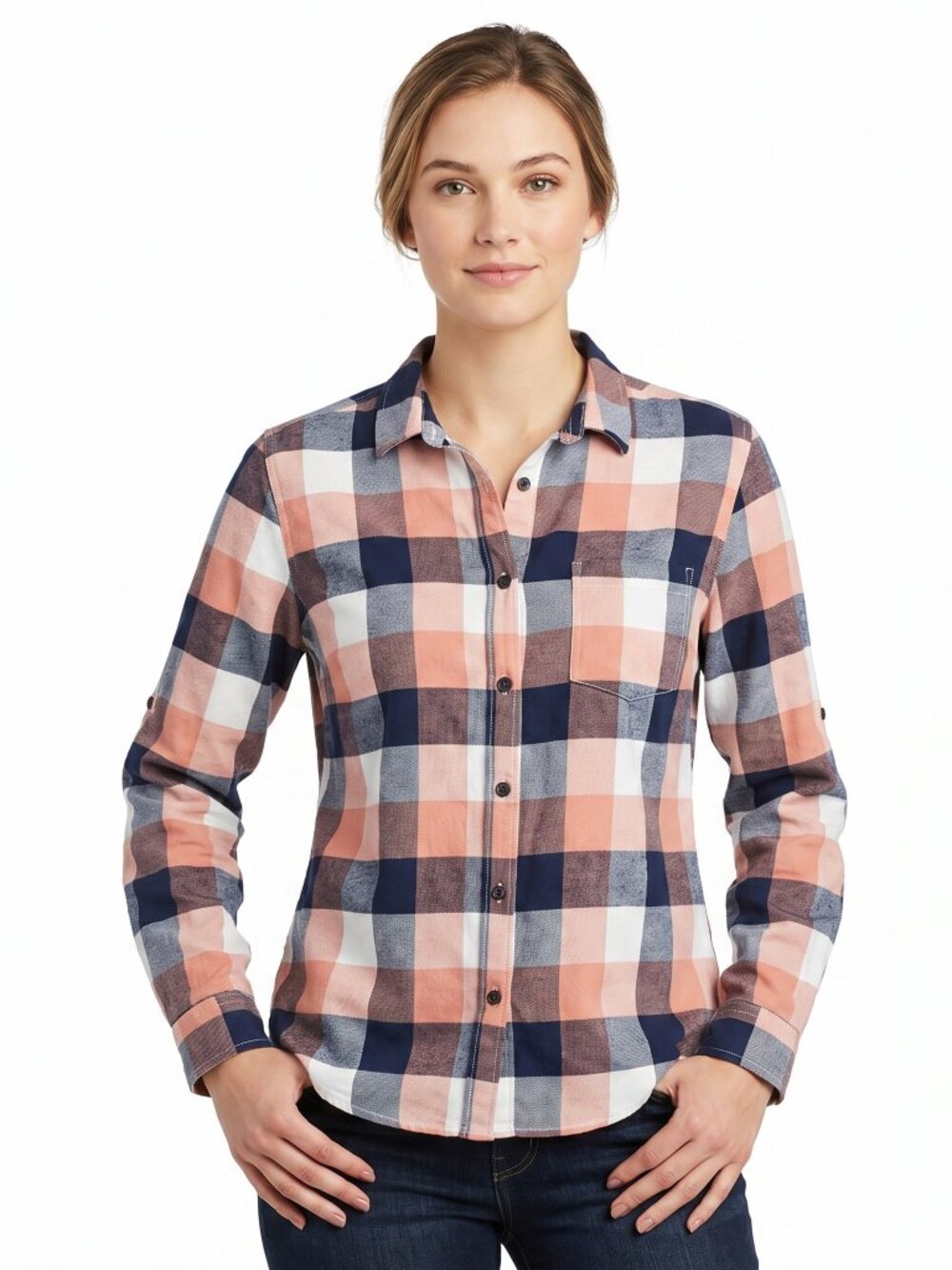 *Wind River Blue & Peach Pink Plaid Button Up Blouse